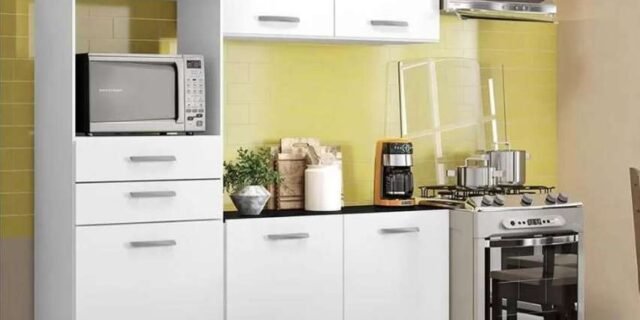 Kit Cozinha Poliman Móveis Lia D15200 com Balcão – Nicho para Micro-ondas com Tampo 2 Gavetas