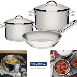Jogo de Panelas Tramontina Aço Inox Fundo Triplo Solar 3 Peças, Cinza