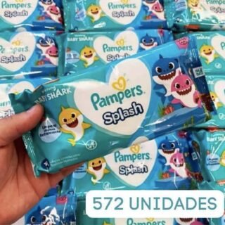 Lenços Umedecidos Pampers Splashers Baby Shark – 12 Pacotes com 48 Lenços Cada