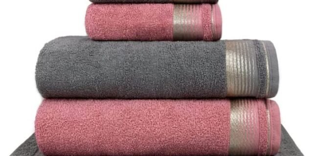 Jogo De Toalhas Banhão 5 Peças Berlim 100% Algodão Rosa Crochê + Gris