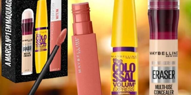 Kit Queridinhos Maybelline NY Batom Líquido Matte ink 65 Seductress + Máscara de Cílios Colossal Lavável + Corretivo Eraser 130 Medium