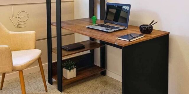 Escrivaninha com Estante Lateral MATCH cor Preto/Pinho – Artely