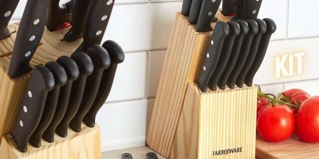 Conjunto de 22 peças de facas e utensílios de cozinha Farberware de aço inoxidável de alto carbono, preto
