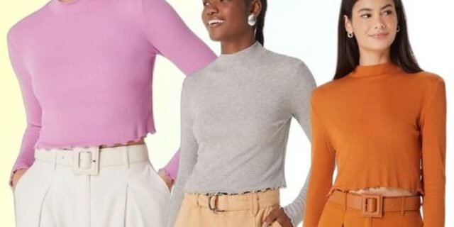 Blusa Cropped Feminina Manga Longa Com Fru Fru