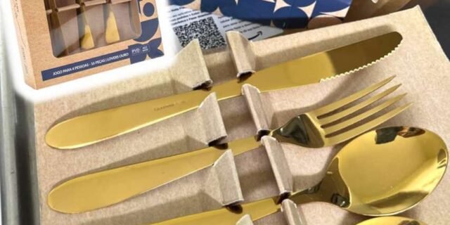 Faqueiro Dourado Lovers Aço Inox 16 Peças Gourmet Mix