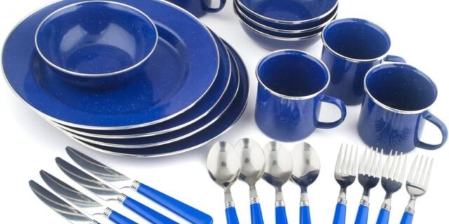 Conjunto de utensílios de mesa esmaltados para acampamento Stansport, 24 peças, azul