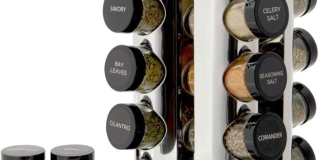 Kamenstein Organizador giratório para bancada de 20 frascos com refil de temperos grátis para 5 anos, aço inoxidável polido com tampas pretas