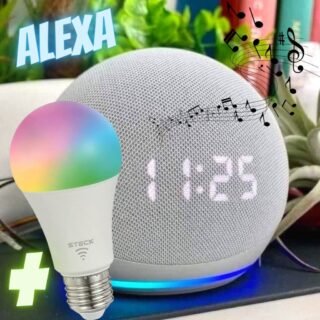 Echo Dot (4ª geração) | Smart Speaker com Relógio e Alexa + Lâmpada Smarteck 12W (2 Cores)