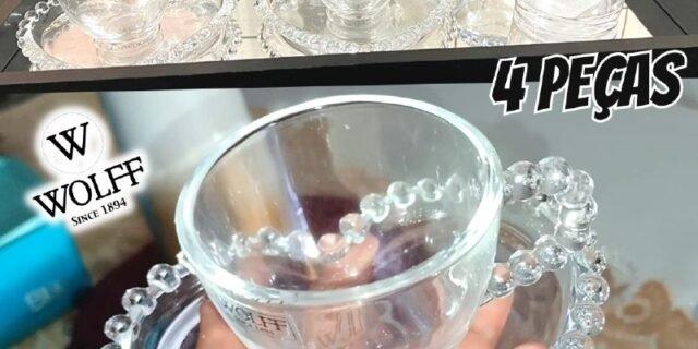 Wolff Coração Pearl Conjunto de Xícaras para Café com Pires de Cristal 4 Peças, Transparente, 85 ml