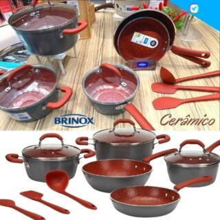 Jogo de Panelas Brinox Revestimento Cerâmico – de Alumínio Vermelho e Cinza 8 Peças Select Marble