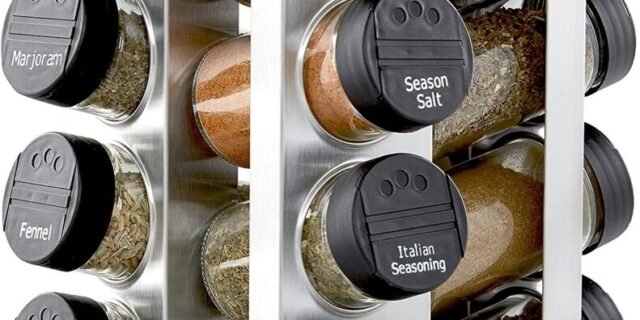 Kamenstein Warner Organizador giratório de temperos de bancada de aço inoxidável para 16 frascos com refil de temperos por 5 anos