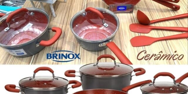 Jogo de Panelas Brinox Revestimento Cerâmico – de Alumínio Vermelho e Cinza 8 Peças Select Marble