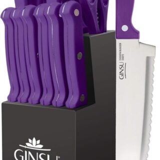 GINSU KIS-PU-DS-014-4 Kiso Conjunto de facas roxas com bloco preto, 23 cm L x 38 cm A x 12,7 cm P