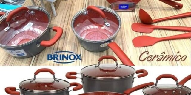 Jogo de Panelas Brinox Revestimento Cerâmico – de Alumínio Vermelho e Cinza 8 Peças Select Marble