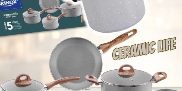 Jogo de Panelas Brinox de Alumínio Cinza 5 Peças – Ceramic Life + Panela de Pressão 4,2L