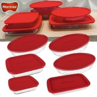 Conjunto de Assadeiras Marinex em Vidro com Tampa 6 Peças (Vermelho ou Cinza)