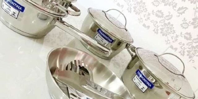 Jogo de Panelas Tramontina Aço Inox Allegra 5 Peças Fundo Triplo + Pegador de massa