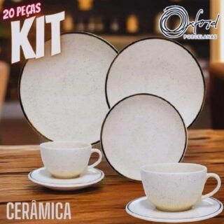 Aparelho de Jantar e Chá 20 Peças Oxford de Cerâmica Bege e Marrom Redondo