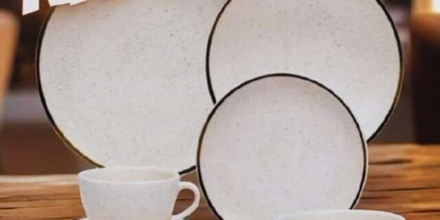 Aparelho de Jantar e Chá 20 Peças Oxford de Cerâmica Bege e Marrom Redondo