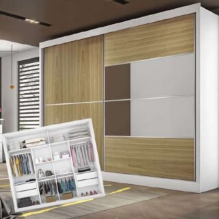 Guarda-Roupa Casal 205cm de Largura, Espelho, 2 Portas de Correr e 4 Gavetas (3 Cores)