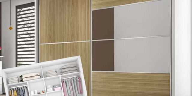 Guarda-Roupa Casal 205cm de Largura, Espelho, 2 Portas de Correr e 4 Gavetas (3 Cores)