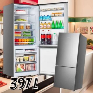 Geladeira Hisense Botton RB-52W Frost Free Inverter, Portas Reversíveis e Painel Touch 397L 220V