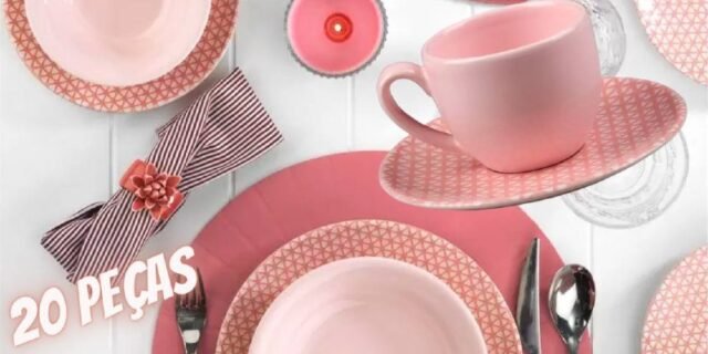 Aparelho de Jantar Chá 20 Peças Haus Cerâmica – Rosa Redondo Soho Geométrico