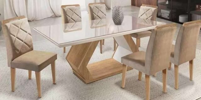 Mesa Alvorada 180 Tp Mdf Vidro canto Reto 6 Cadeiras Rufato (4 Cores)