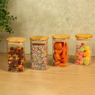 Kit 4 Potes de Vidro Tampa Bambu Quadrado Flat 250ml Oikos