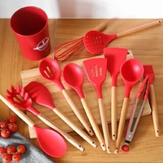 Kit 12 Utensílios Cozinha Silicone Cabo De Madeira Pegador