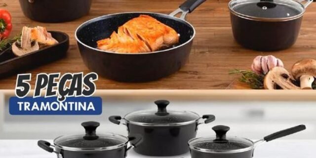 Jogo de Panelas Tramontina Revestimento Cerâmico de Alumínio Cinza 5 Peças Glenz