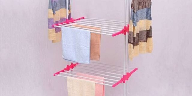 Varal De Chão 3 Andares Dobrável Retrátil Aço 4 Rodas Rosa