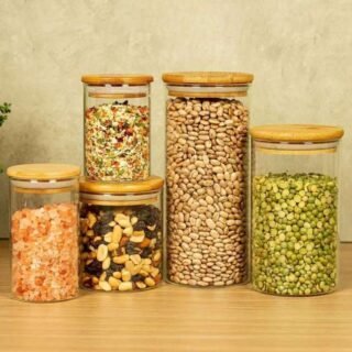 Potes de Vidro P/ Mantimentos C/ Tampa Bambu Oikos – 5 Pçs
