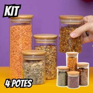 Kit 4 potes de vidro tampa de bambu herméticos redondos