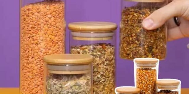 Kit 4 potes de vidro tampa de bambu herméticos redondos