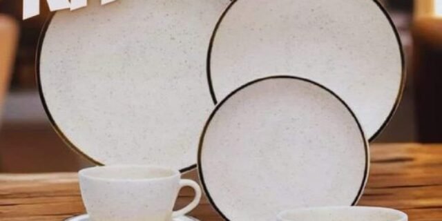 Aparelho de Jantar e Chá 20 Peças Oxford de Cerâmica Bege e Marrom Redondo