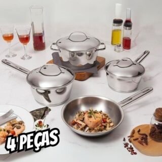 Jogo de Panelas Tramontina Allegra 4 Peças em Aço Inox com Fundo Triplo e Tampas de Inox