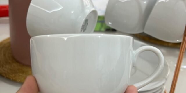 Estojo com 6 Xícaras de de Chá com Pires. Modelo Redondo Voyage Coup. Branca. Fabricado pela Porcelana Schmidt