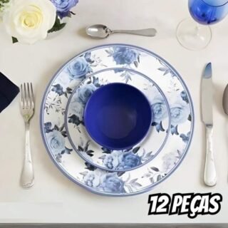 Aparelho de Jantar 12 Peças Alleanza Cerâmica Branco e Azul Redondo Antique