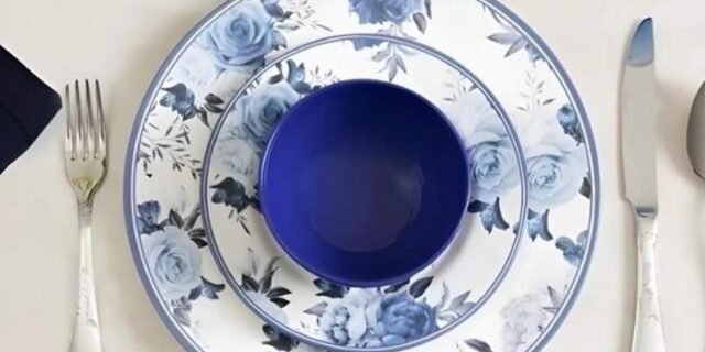 Aparelho de Jantar 12 Peças Alleanza Cerâmica Branco e Azul Redondo Antique