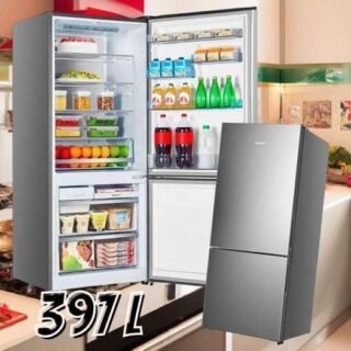Geladeira Hisense Botton RB-52W Frost Free Inverter, Portas Reversíveis e Painel Touch 397L
