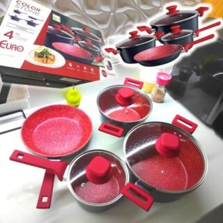 Conjunto de panelas ColorStone 4 peças de alumínio com antiaderente e tampa de vidro, ALU8709-TI, Euro Home