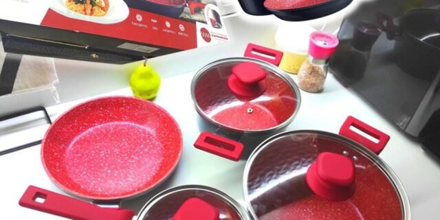 Conjunto de panelas ColorStone 4 peças de alumínio com antiaderente e tampa de vidro, ALU8709-TI, Euro Home