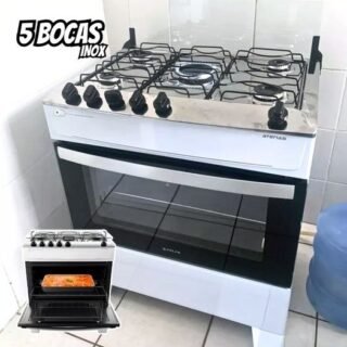 Fogão 5 Bocas Branco Com Mesa Inox Atlas Atenas Bivolt