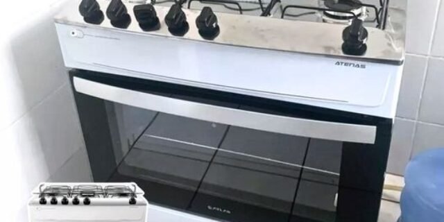 Fogão 5 Bocas Branco Com Mesa Inox Atlas Atenas Bivolt