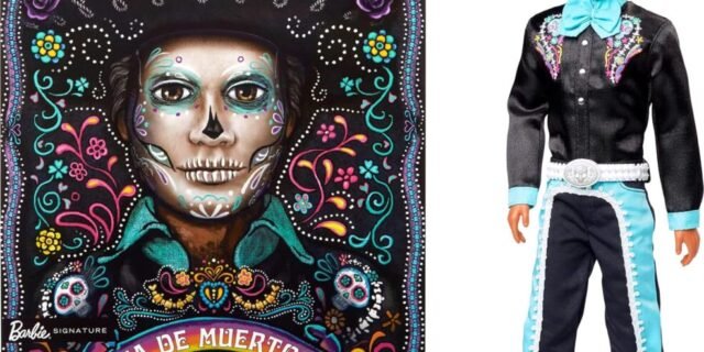 Barbie Signature, Boneco de Coleção Ken Día de Muertos 2024 em Terno Preto com Detalhes em Azul Claro, Acessórios de Chapéu e Cinto