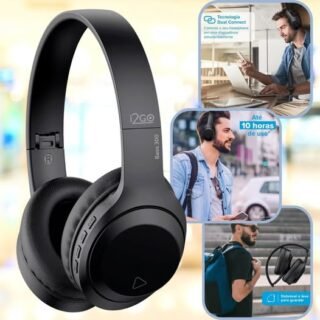 I2GO, Headphone Bass 300, Bluetooth, Microfone Integrado, Controle Multimídia, Até 10h de bateria, Tecnologia Dual Connect, Entrada cabo auxiliar