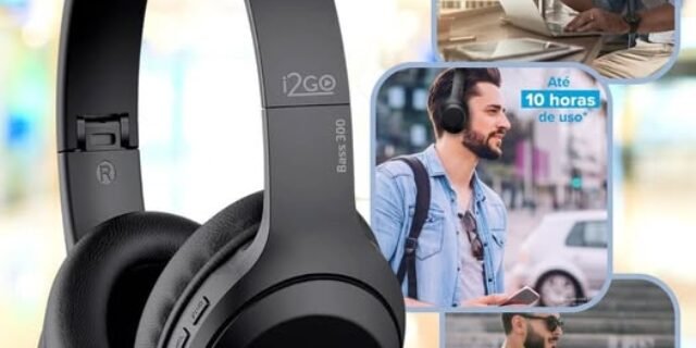 I2GO, Headphone Bass 300, Bluetooth, Microfone Integrado, Controle Multimídia, Até 10h de bateria, Tecnologia Dual Connect, Entrada cabo auxiliar
