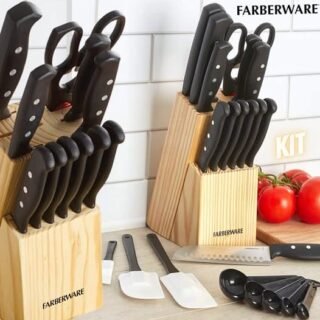 Conjunto de facas e utensílios de cozinha de aço inoxidável de alto carbono Farberware, preto