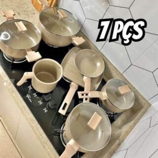 Mimo Style Conjunto 7 Panelas Sartin Cook Champanhe Estrutura em Alumínio Revestida em Cerâmica, Base Alto Relevo. Tampa Vidro Temperado Alças e Cabos